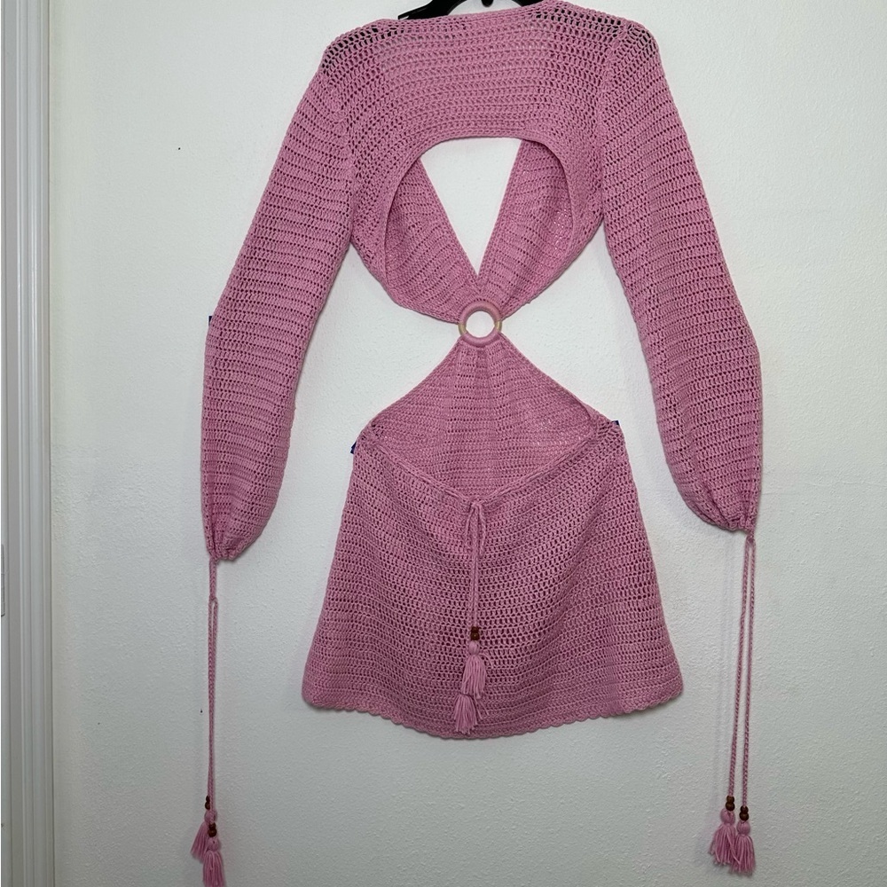 Beginning Boutique Long Sleeves Drawstrings Cut Out Pink Crochet Mini Dress - Picture 4 of 16